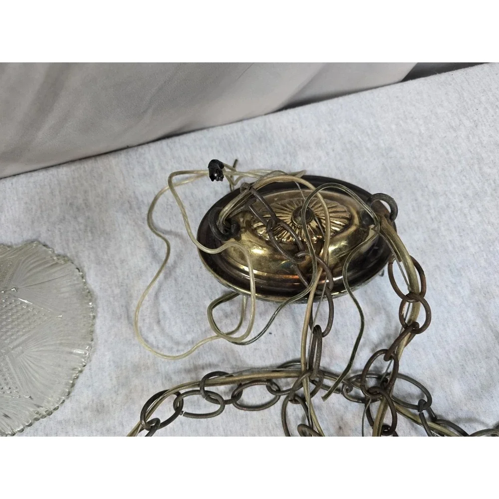 Vintage Brass Double‎ Pendant Light Pair Frosted Glass Shades Hanging Lamps MCM